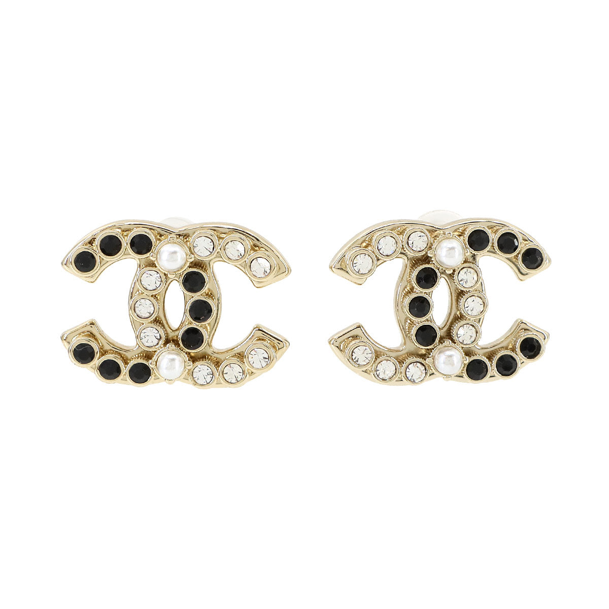 Coco Logos Earrings Rhinestone Pearl motif Gold Black B23K