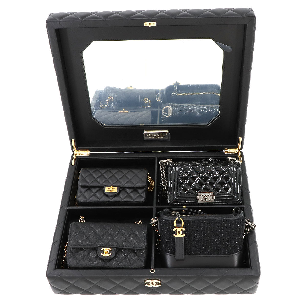 Matelasse Mini Shoulder Bag 4 Points Set Leather Black AS1949