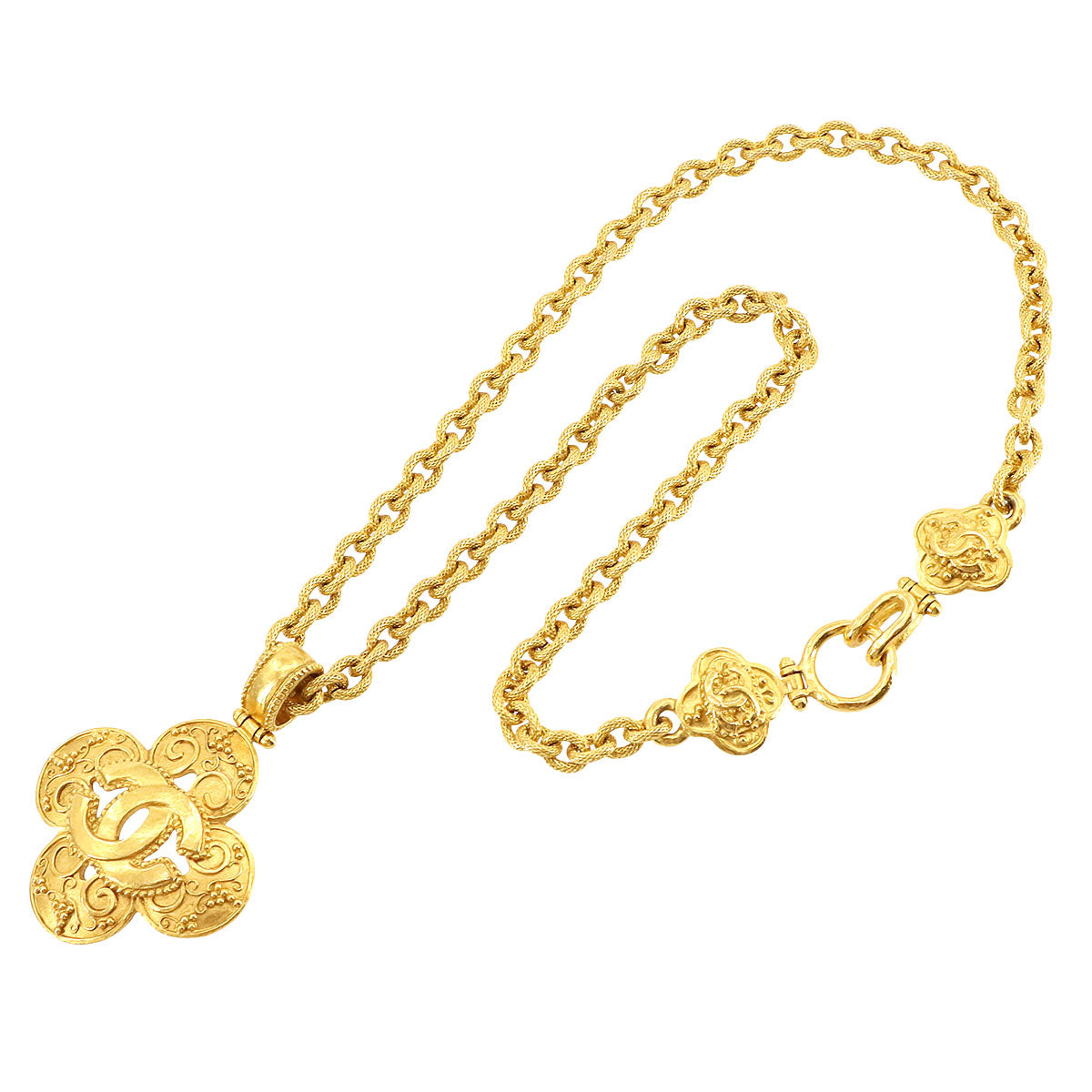 CHANEL Clover Coco Logos Long Necklace Gold 96A Vintage Accessory