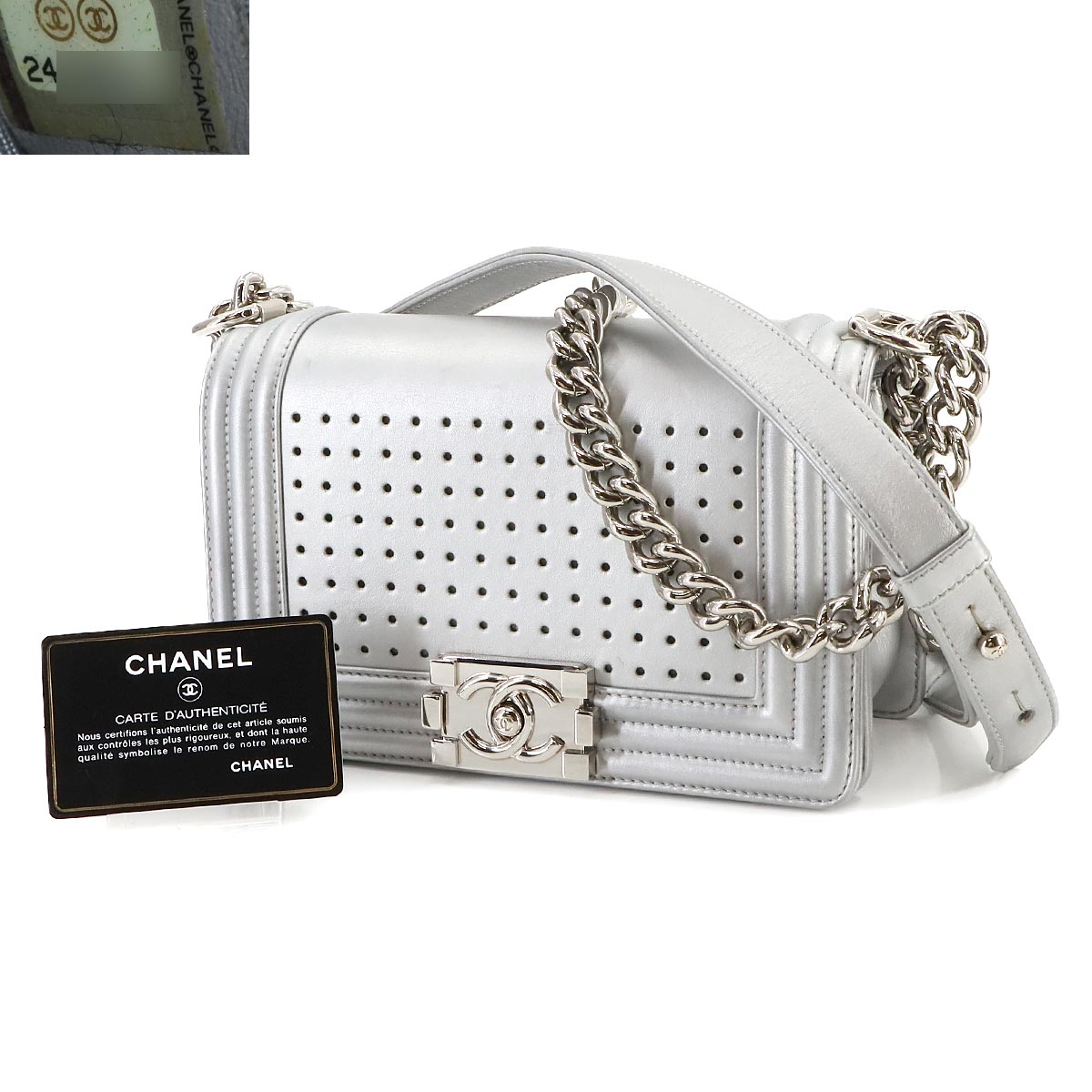 LED BOY CHANEL Chain Shoulder Ba Leather Metallic silver
