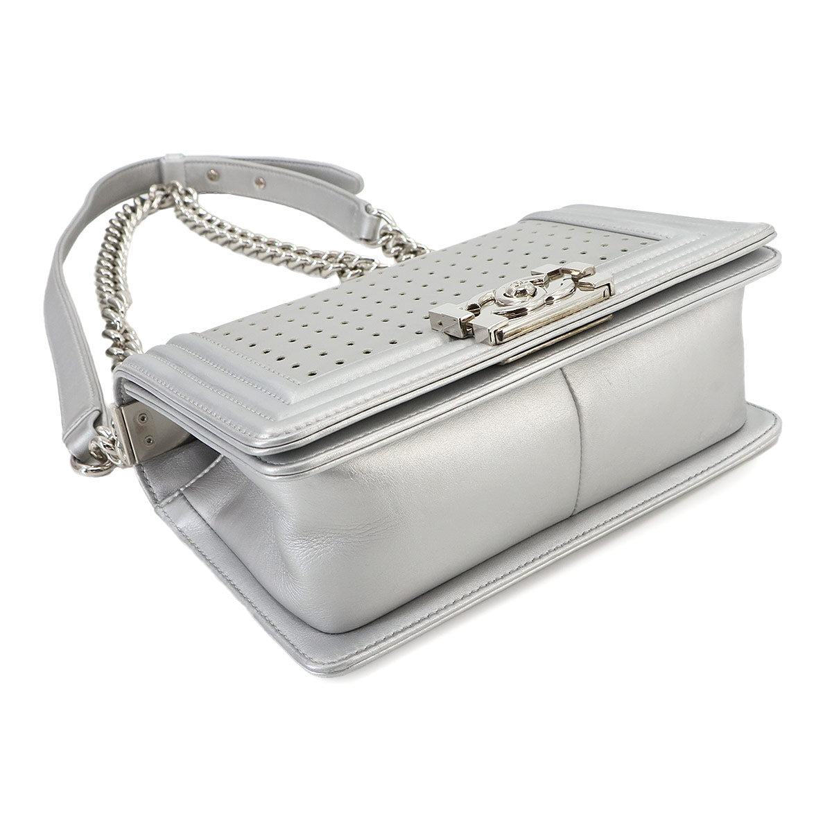 LED BOY CHANEL Chain Shoulder Ba Leather Metallic silver