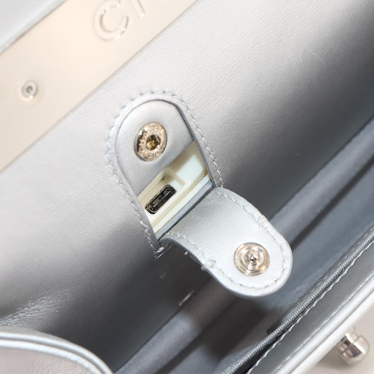 LED BOY CHANEL Chain Shoulder Ba Leather Metallic silver