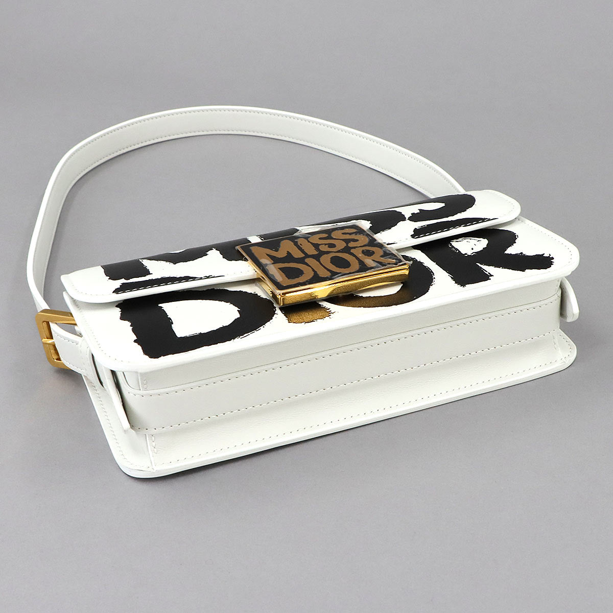 Miss Dior Flap Shoulder Bag Leather White Black Purse