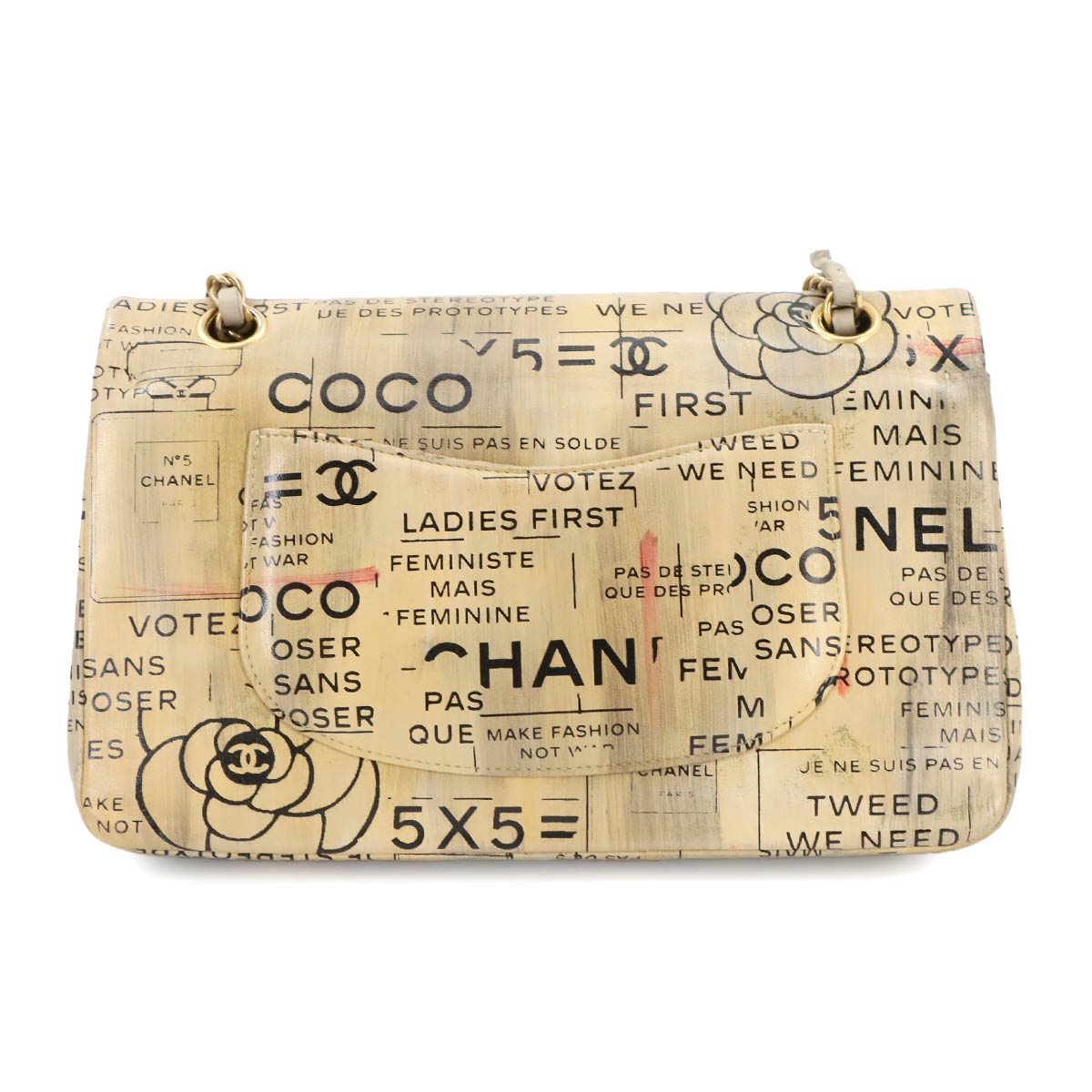 Newspaper Print Chain Shoulder Bag Leather Beige Purse