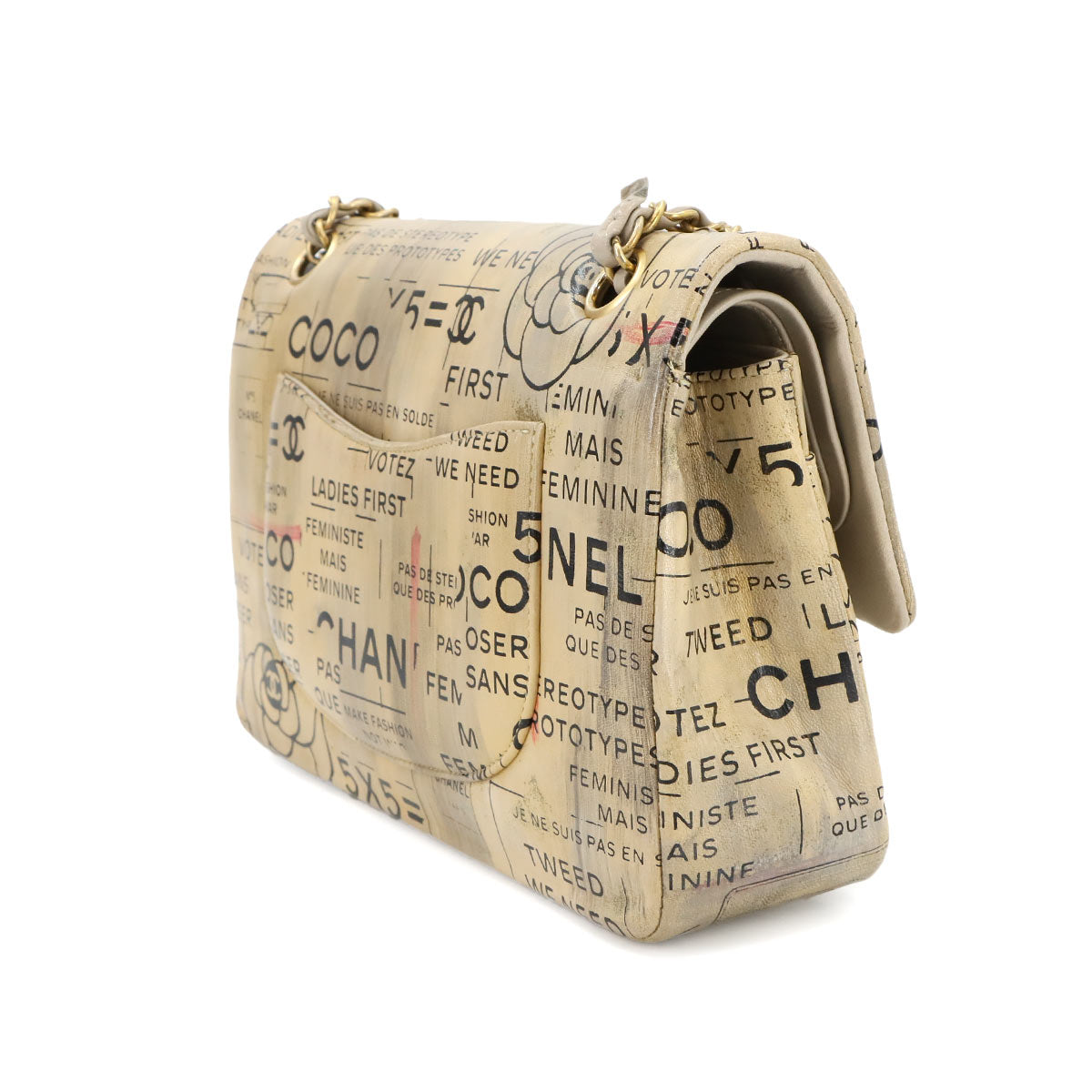 Newspaper Print Chain Shoulder Bag Leather Beige Purse
