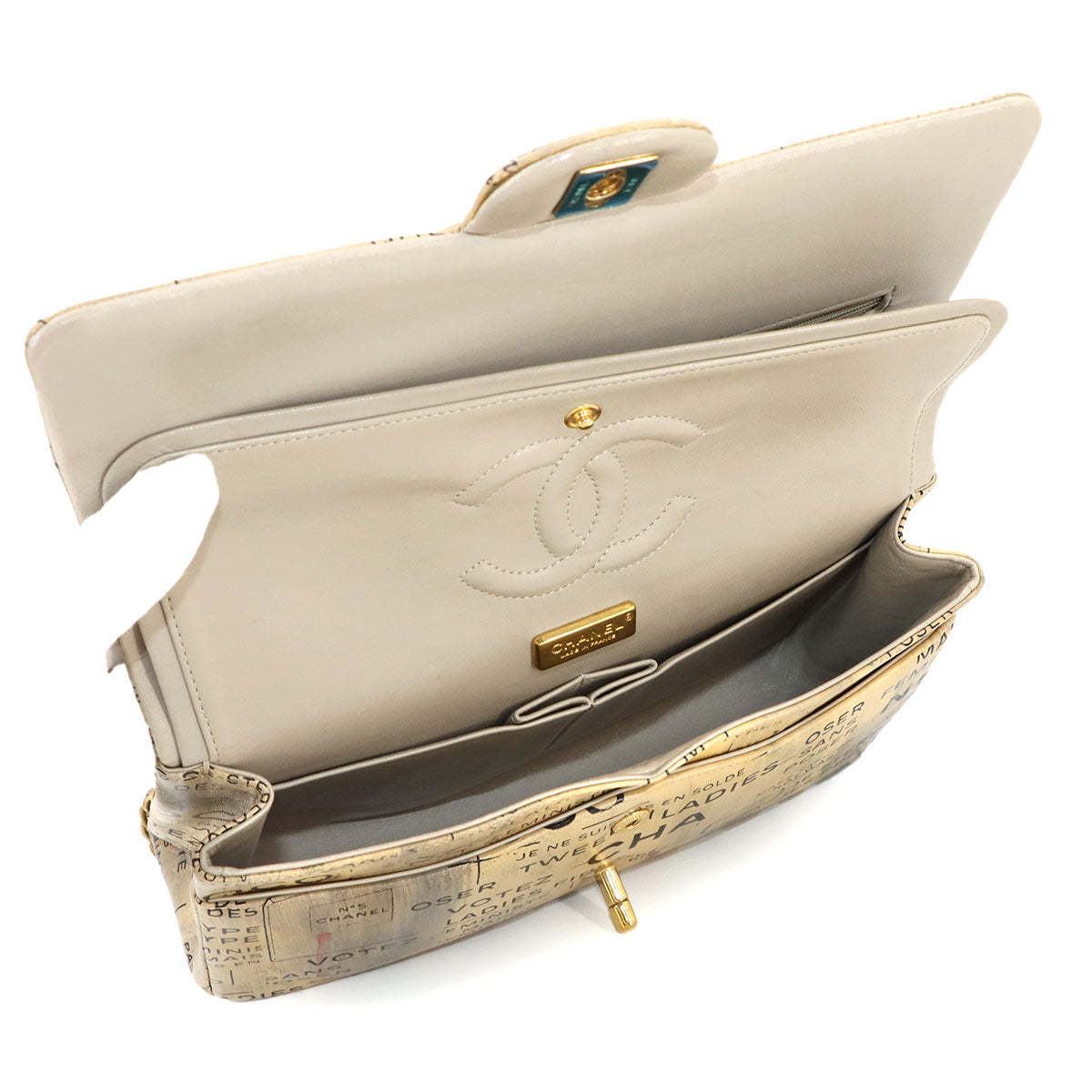 Newspaper Print Chain Shoulder Bag Leather Beige Purse