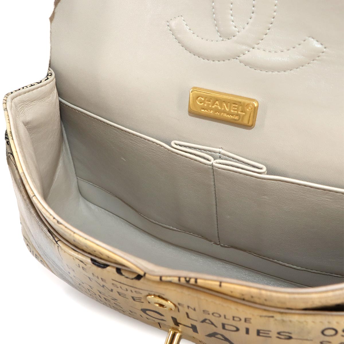 Newspaper Print Chain Shoulder Bag Leather Beige Purse