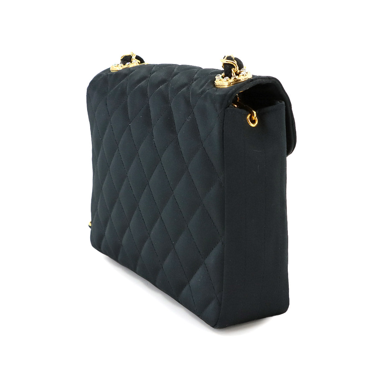 Matelasse Chain Shoulder Bag Satin Black Rhinestone Bijou