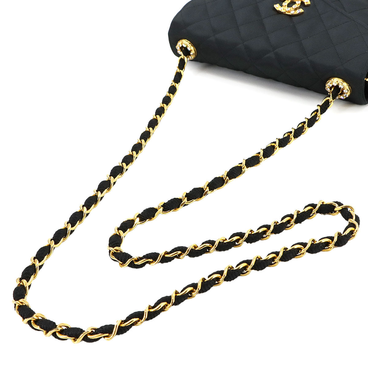 Matelasse Chain Shoulder Bag Satin Black Rhinestone Bijou