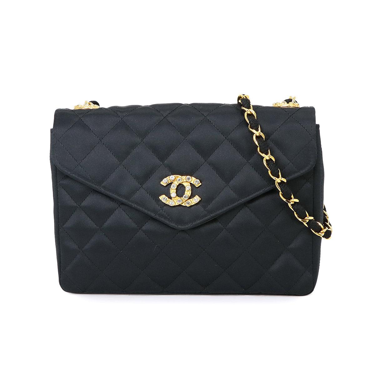 Matelasse Chain Shoulder Bag Satin Black Rhinestone Bijou