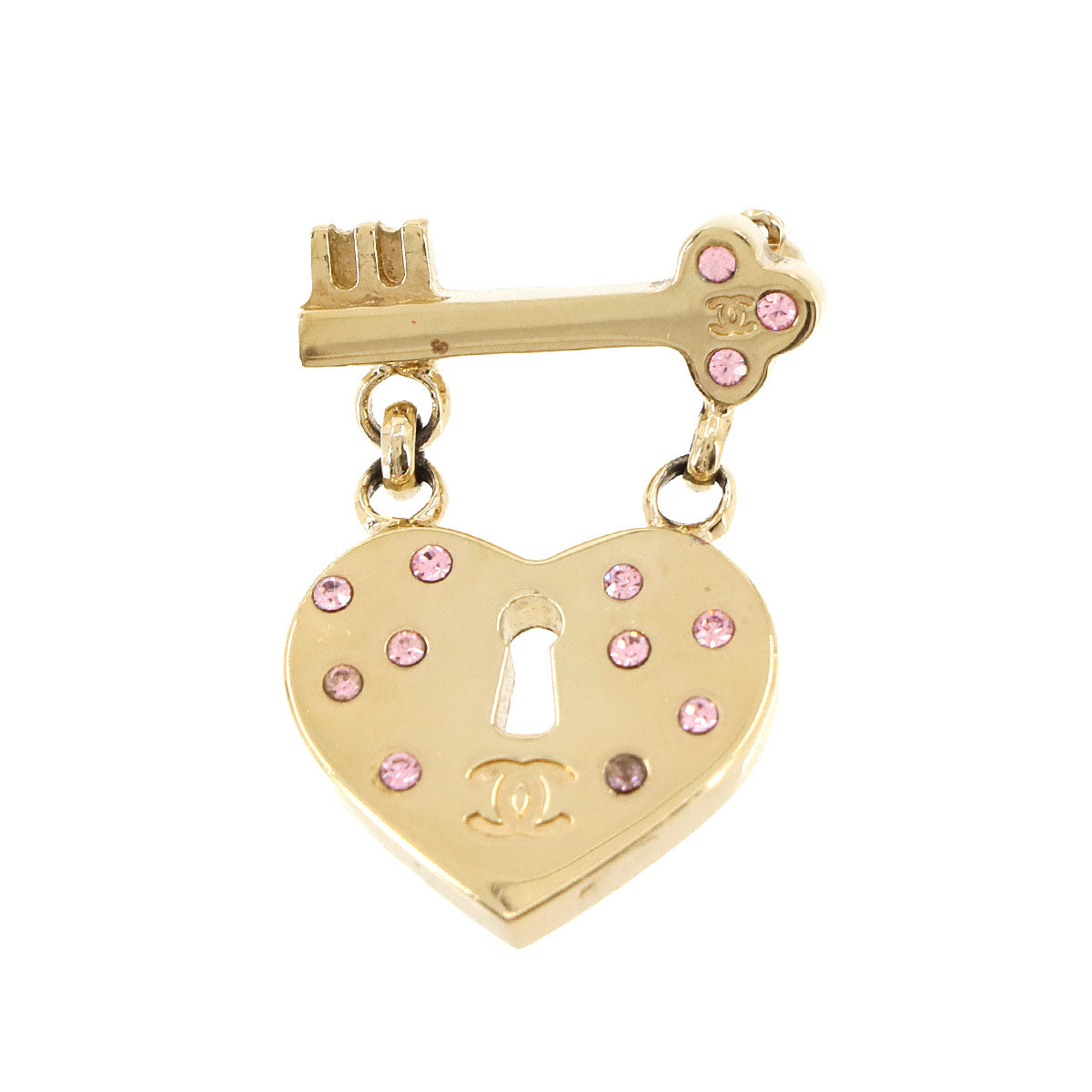 Heart Lock Key Brooch Rhinestone Gold Pink CC Logos