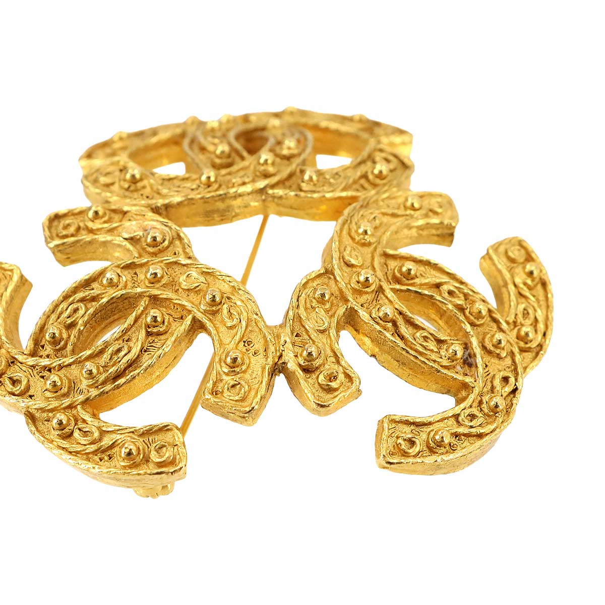 Triple Coco Logos Brooch Gold Accessory 94A Vintage