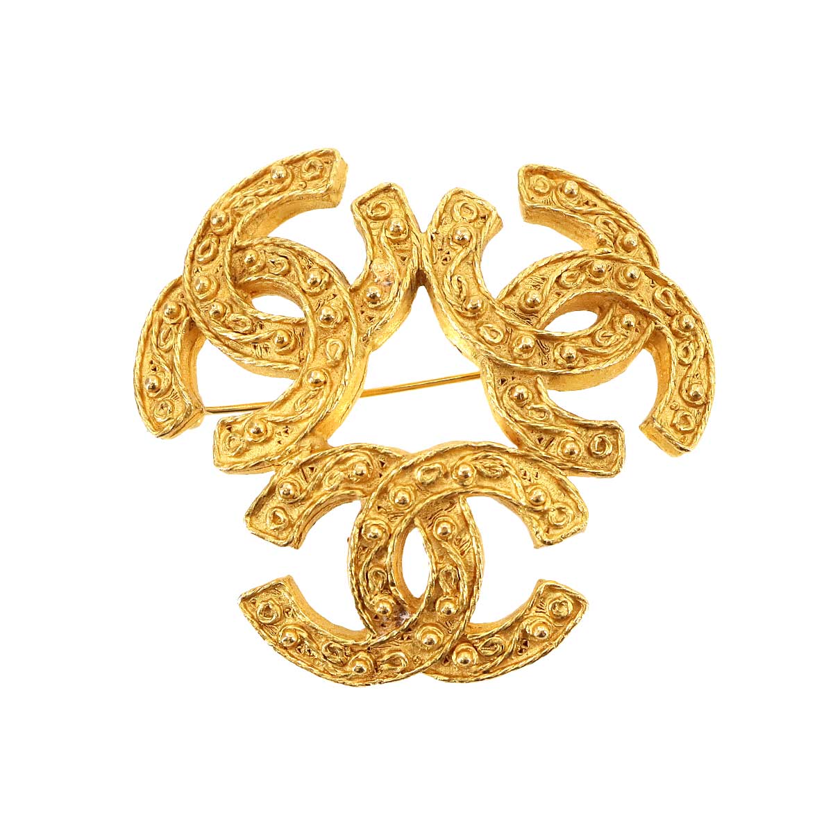 Triple Coco Logos Brooch Gold Accessory 94A Vintage