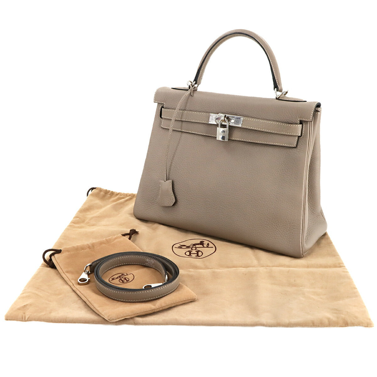 Kelly 32 Hand Shoulder Bag Taurillon Clemence Gris Tourterelle