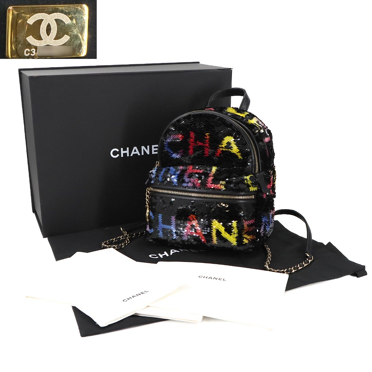 Chain Backpack Spangle Leather Black Purse