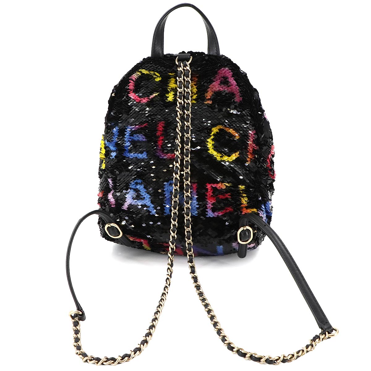 Chain Backpack Spangle Leather Black Purse