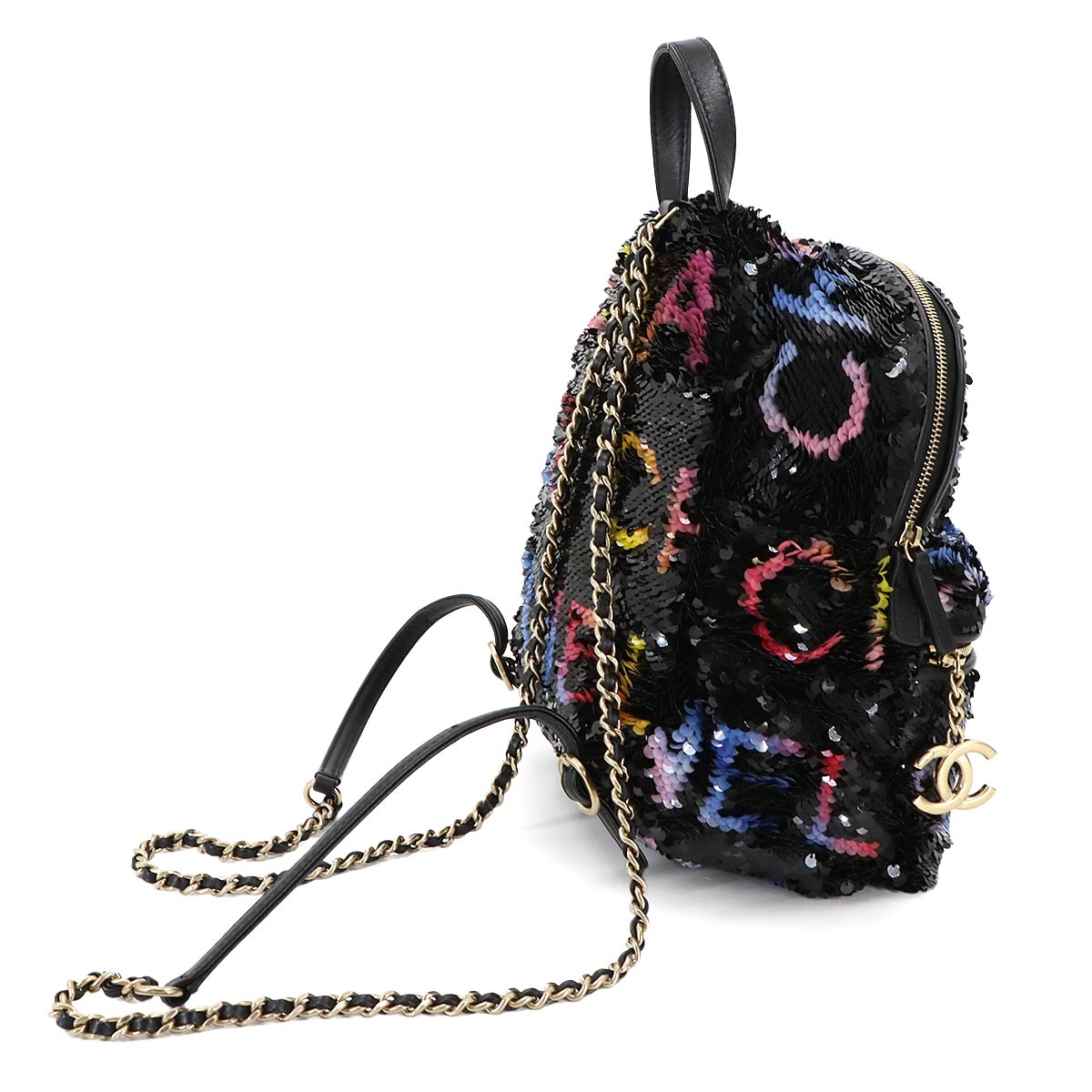 Chain Backpack Spangle Leather Black Purse