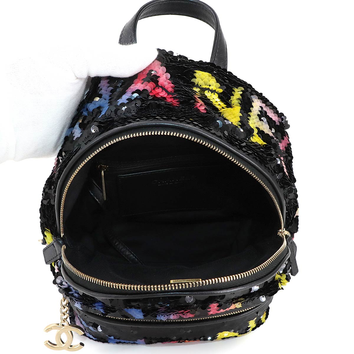 Chain Backpack Spangle Leather Black Purse