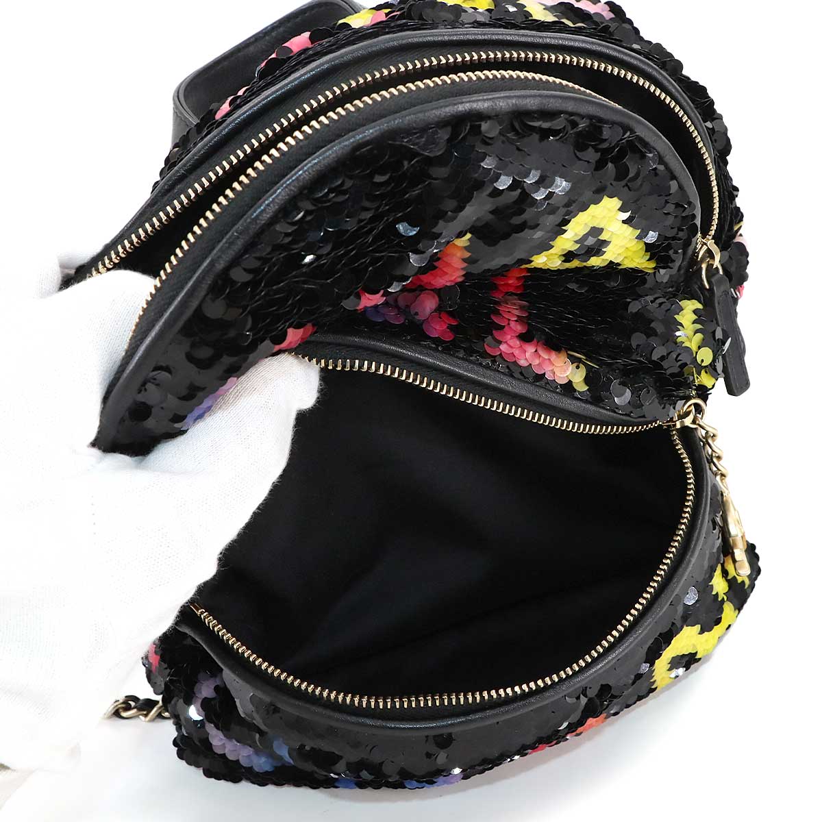 Chain Backpack Spangle Leather Black Purse