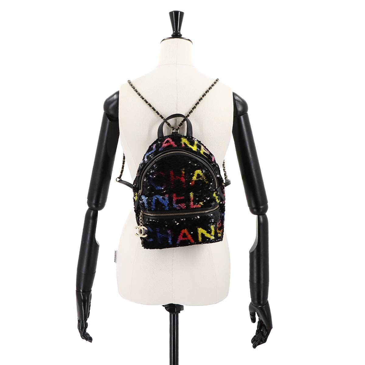 Chain Backpack Spangle Leather Black Purse