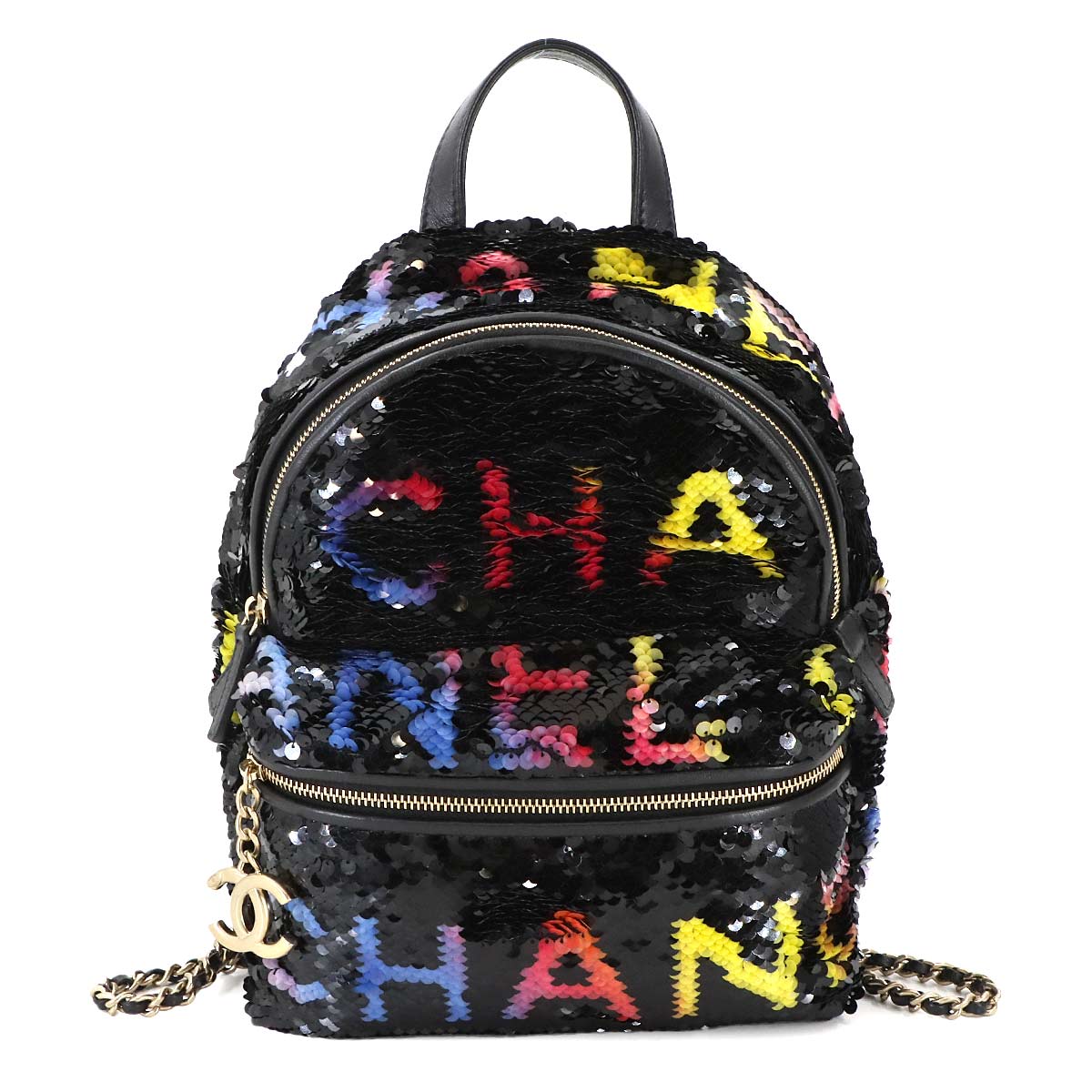 Chain Backpack Spangle Leather Black Purse