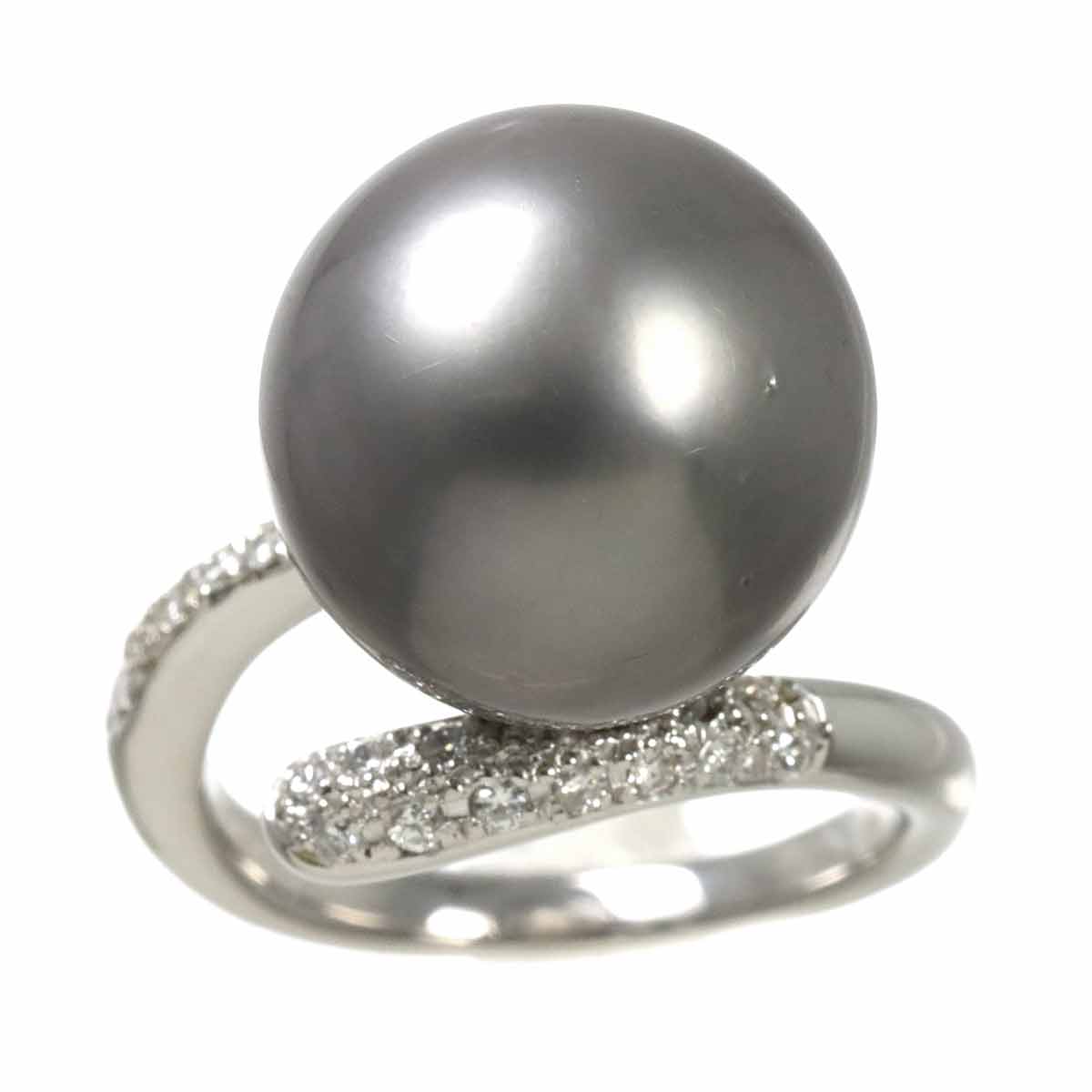 Black South Sea pearl 14.3mm Diamond 0.18ct Ring Pt 5.25-5.5(US)