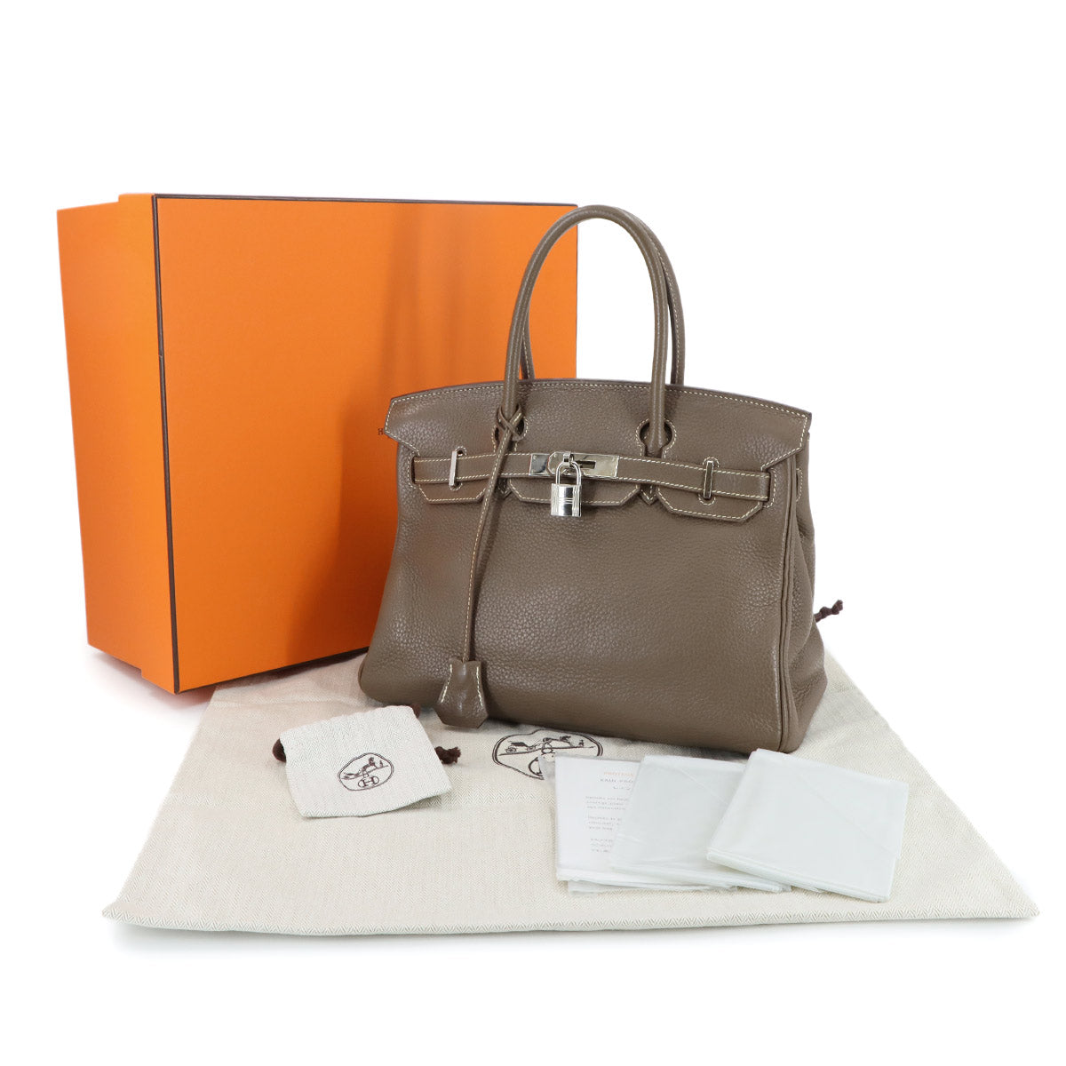 Birkin 30 Taurillon Clemence Etoupe Hand Bag Purse Beige