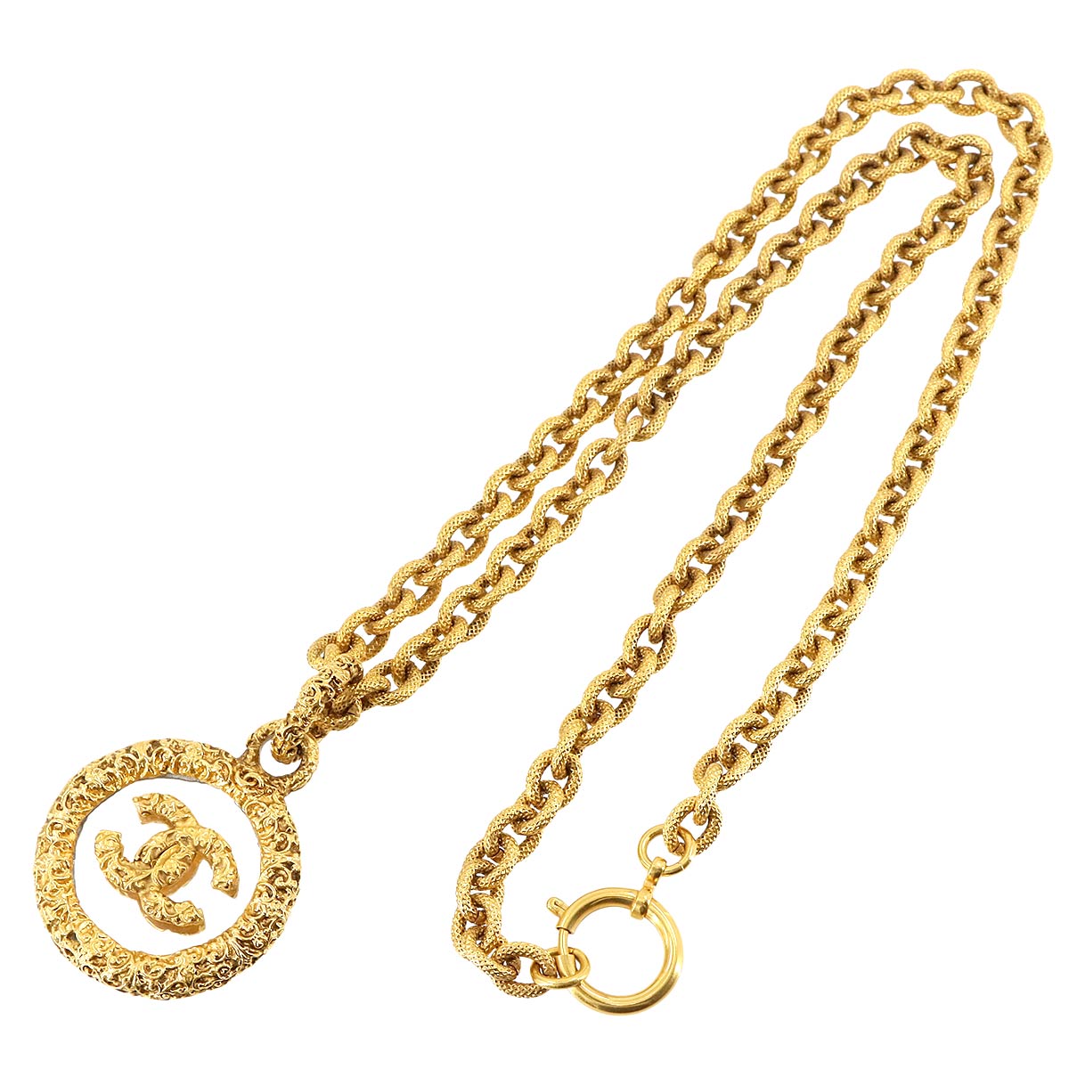 Coco Logos Loupe Long Necklace Gold 95A Vintage Accessory