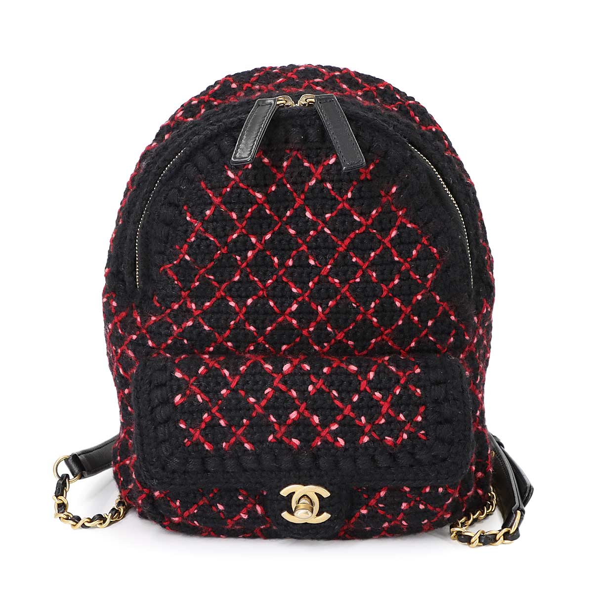 Back Pack Knit tweed Leather Black Red A91925 Coco Logos