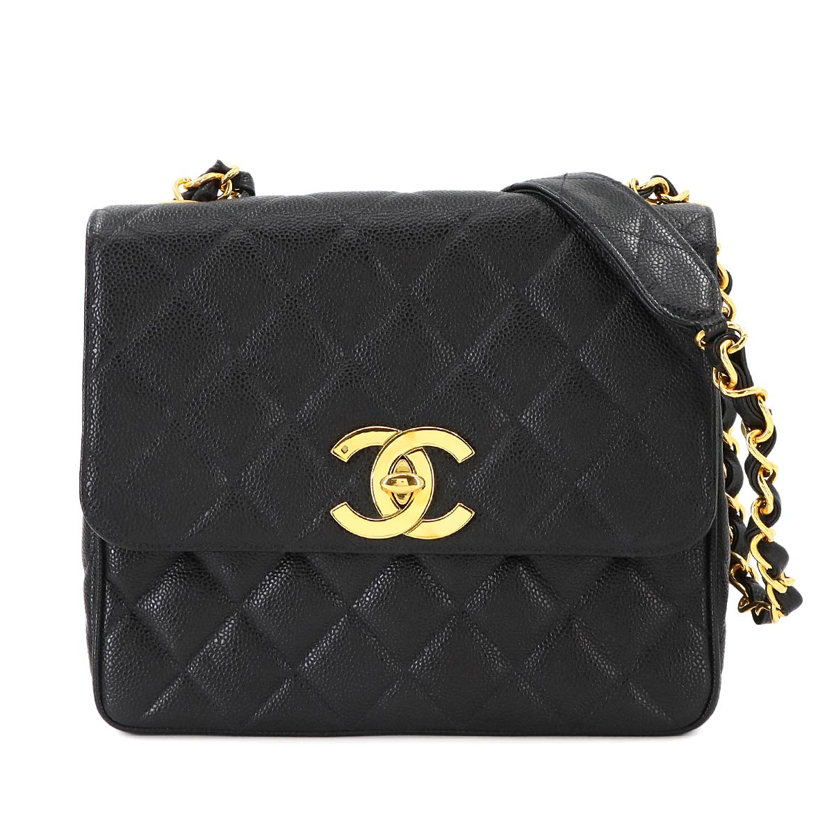 Matelasse Chain Shoulder Bag Caviar Skin Leather Black Vintage