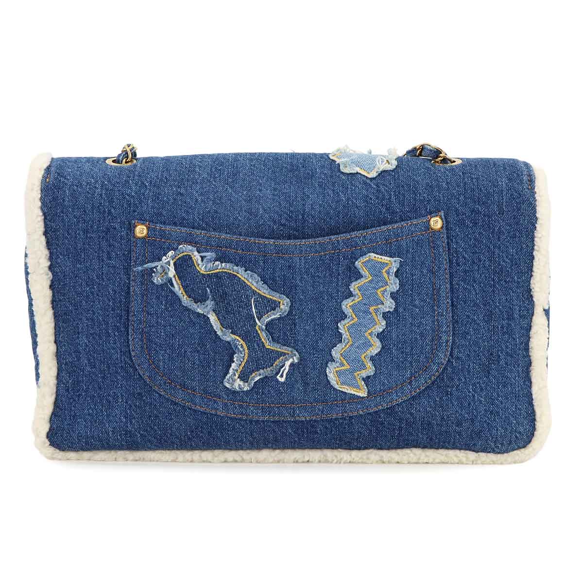 CHANEL Egypt Chain Shoulder Bag Denim Shearling Blue Purse