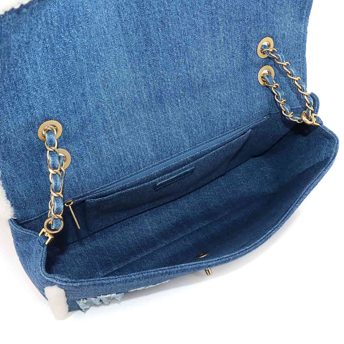 CHANEL Egypt Chain Shoulder Bag Denim Shearling Blue Purse