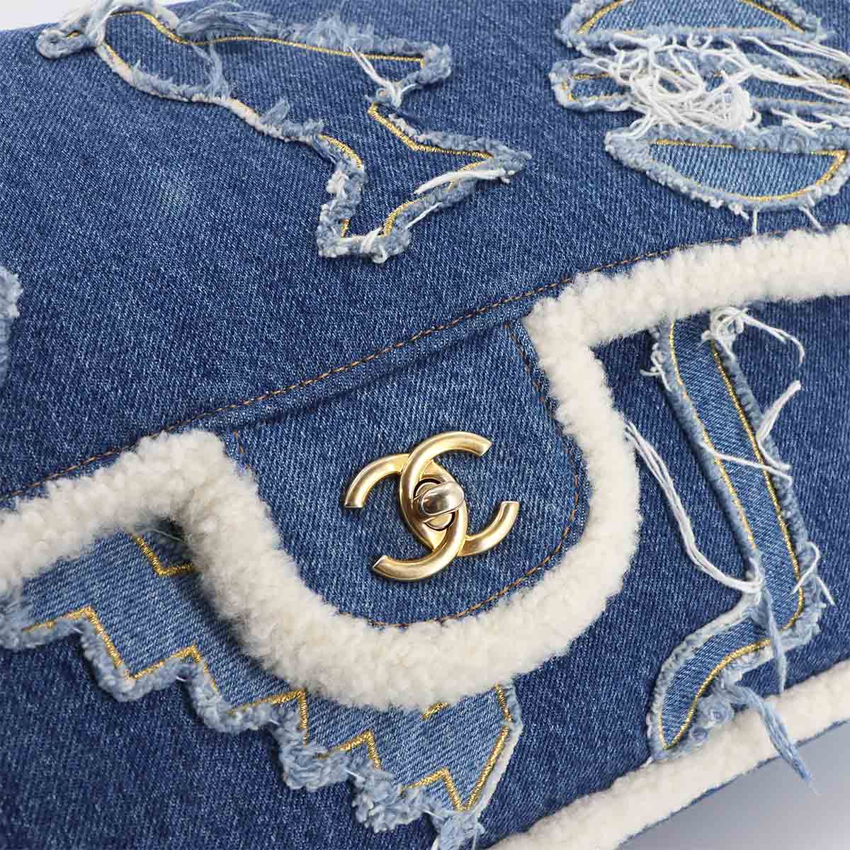 CHANEL Egypt Chain Shoulder Bag Denim Shearling Blue Purse