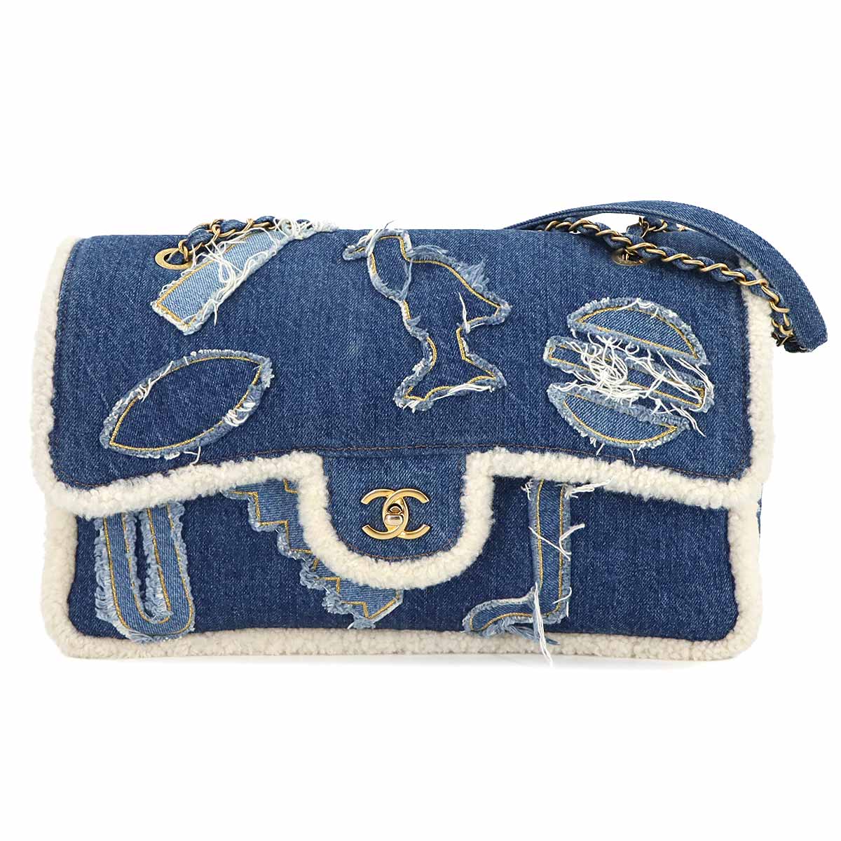 CHANEL Egypt Chain Shoulder Bag Denim Shearling Blue Purse
