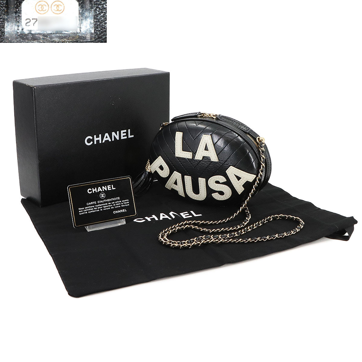 La Pausa Chain Shoulder Bag Leather Black White V Stitch Purse