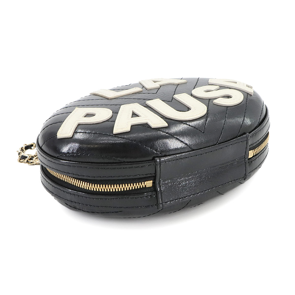 La Pausa Chain Shoulder Bag Leather Black White V Stitch Purse