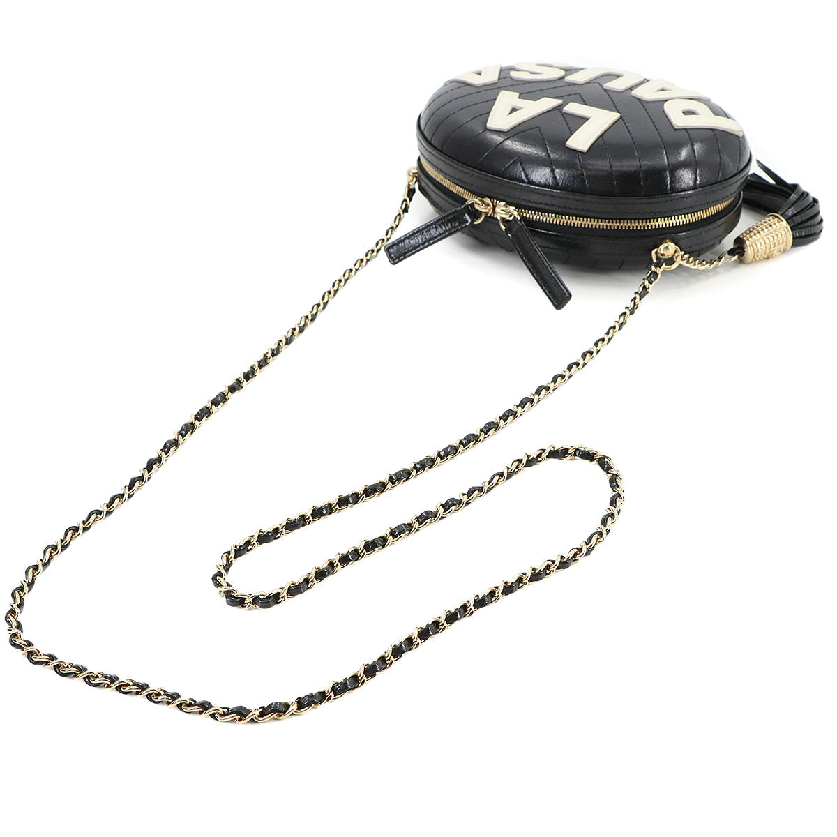 La Pausa Chain Shoulder Bag Leather Black White V Stitch Purse