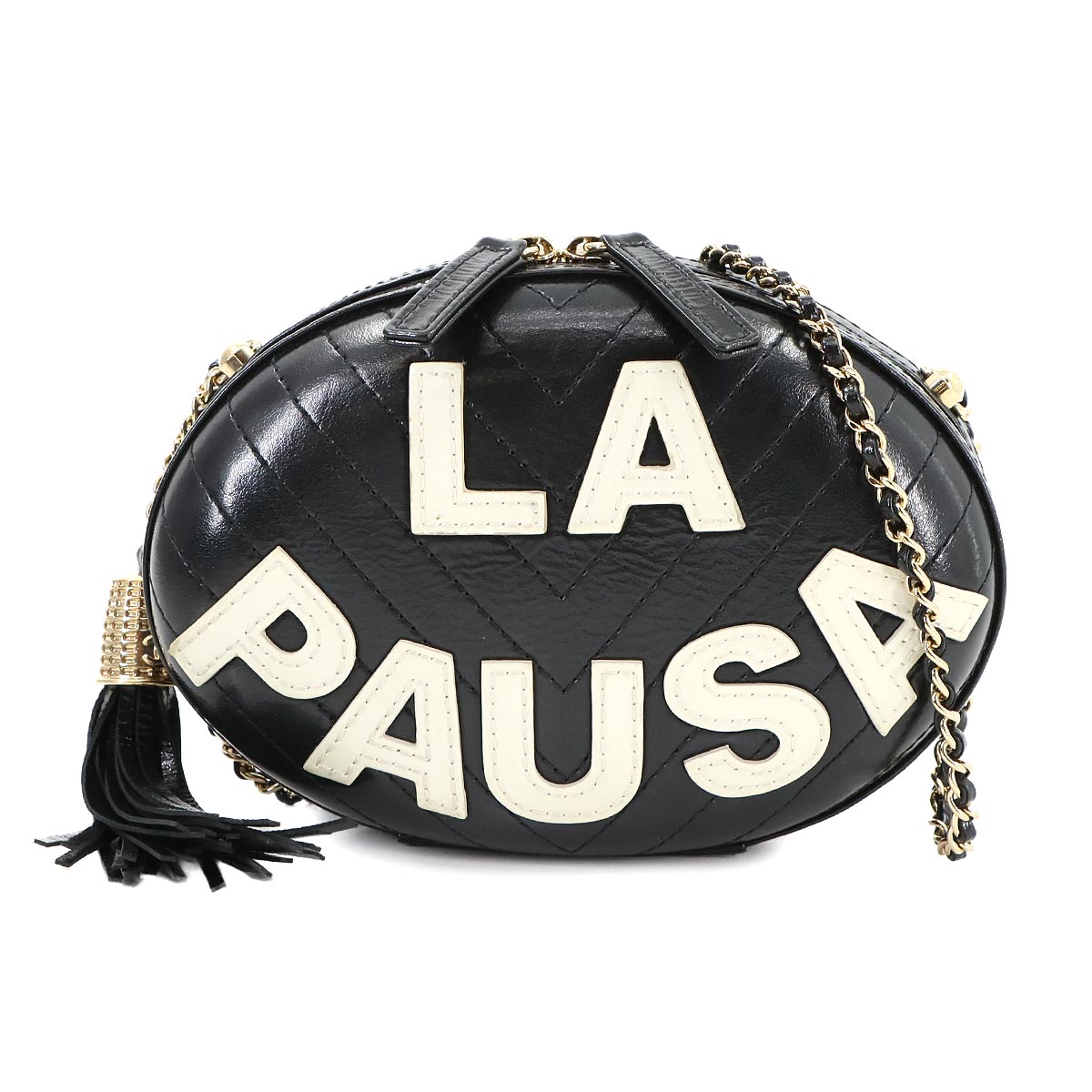 La Pausa Chain Shoulder Bag Leather Black White V Stitch Purse