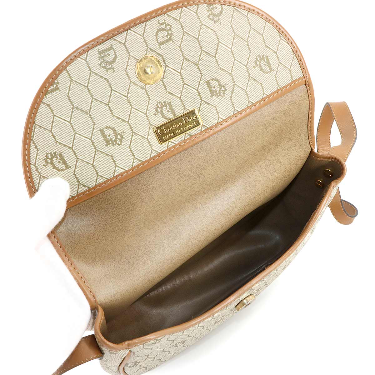 Honeycomb Shoulder Bag PVC Leather Beige Brown Vintage