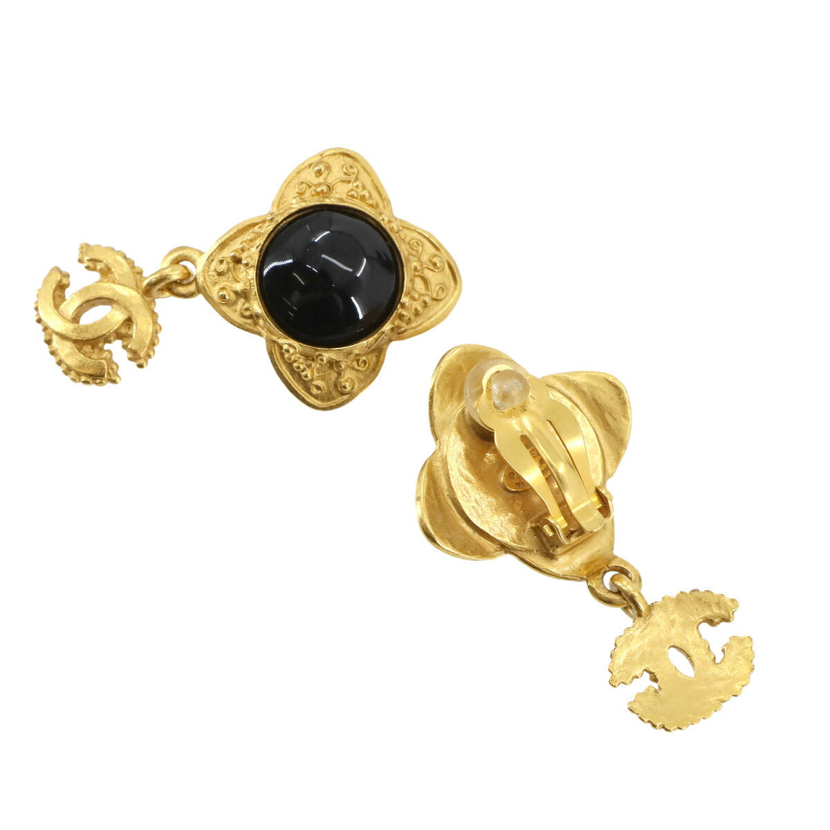 CC Logos Swing Earrings Black Gold 96A Vintage Accessory