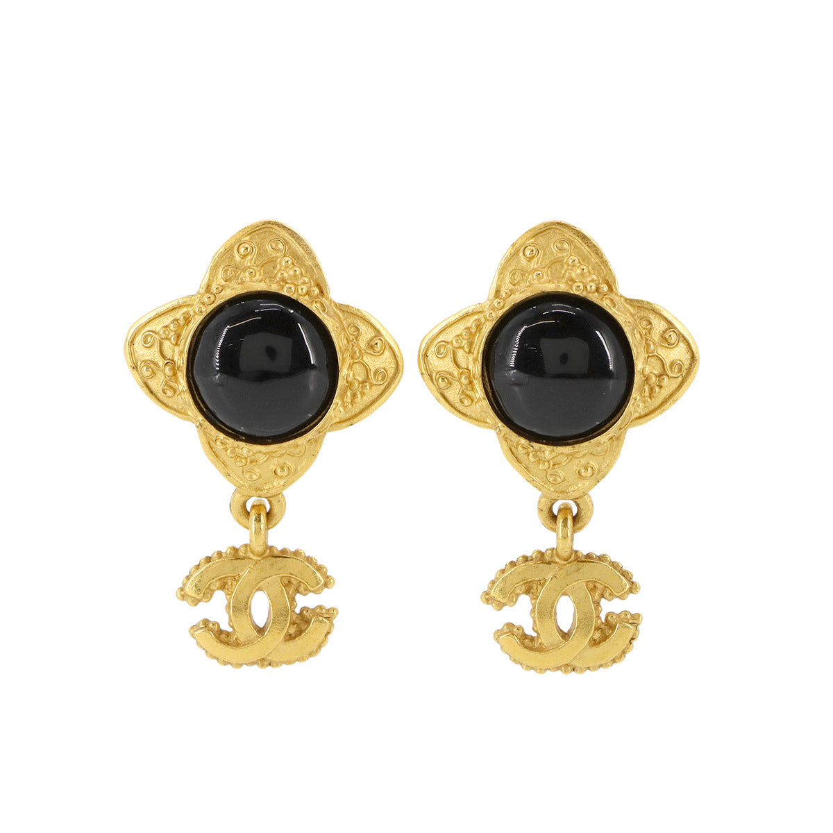 CC Logos Swing Earrings Black Gold 96A Vintage Accessory