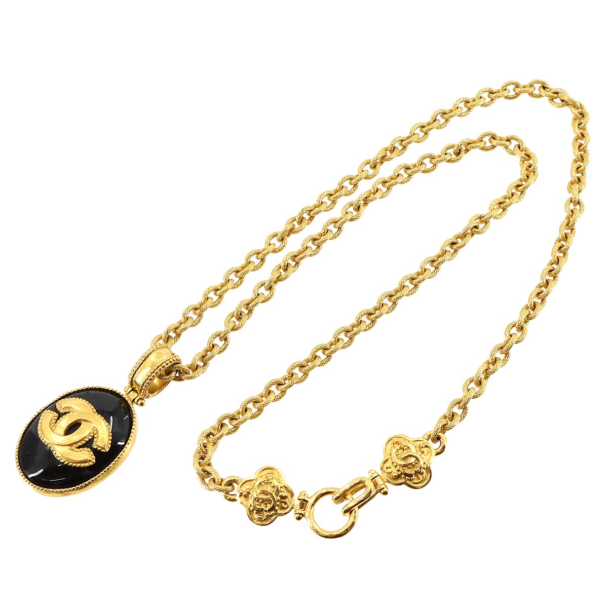 Round Type Coco Logos Necklace Gold Black 96A Accessory Vintage