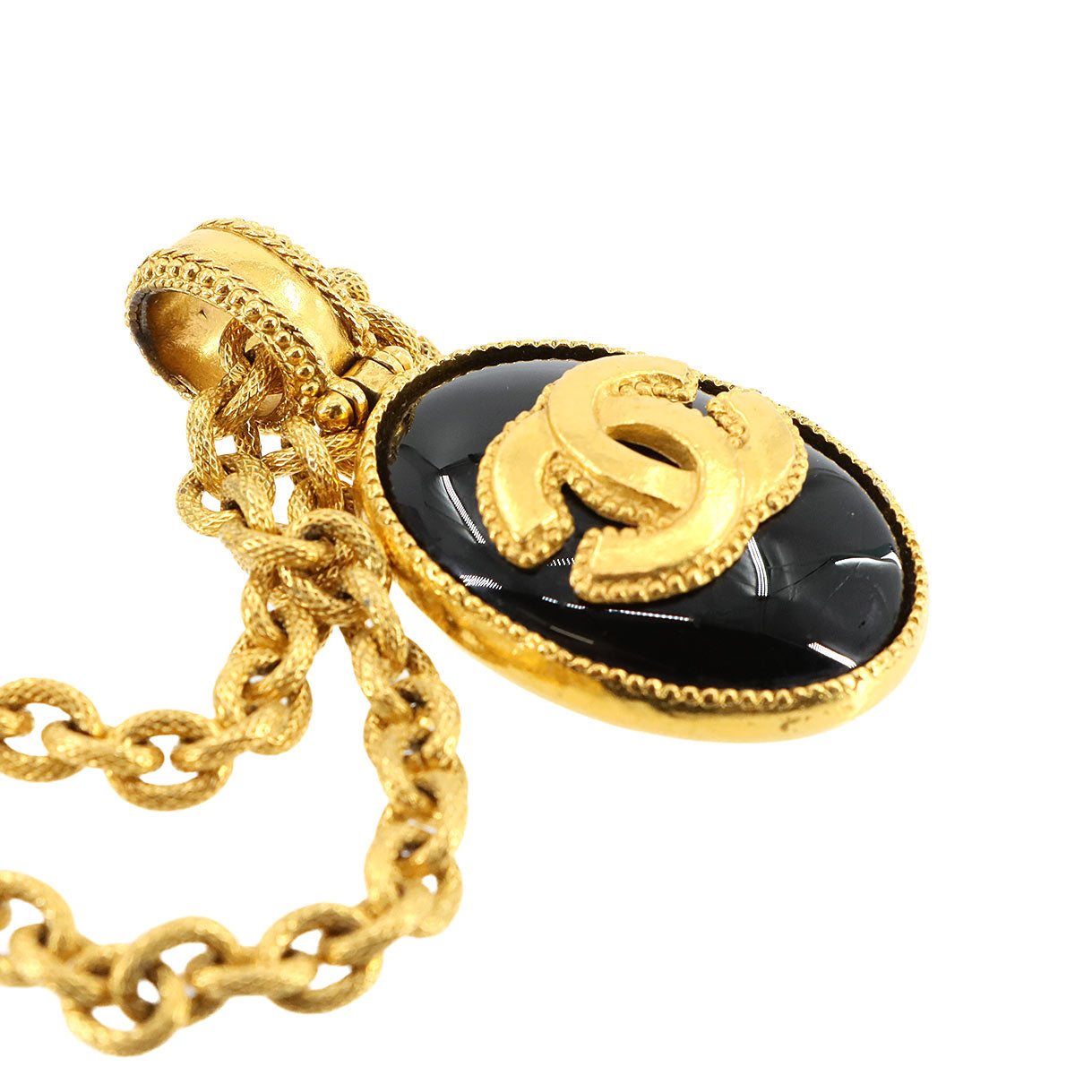 Round Type Coco Logos Necklace Gold Black 96A Accessory Vintage