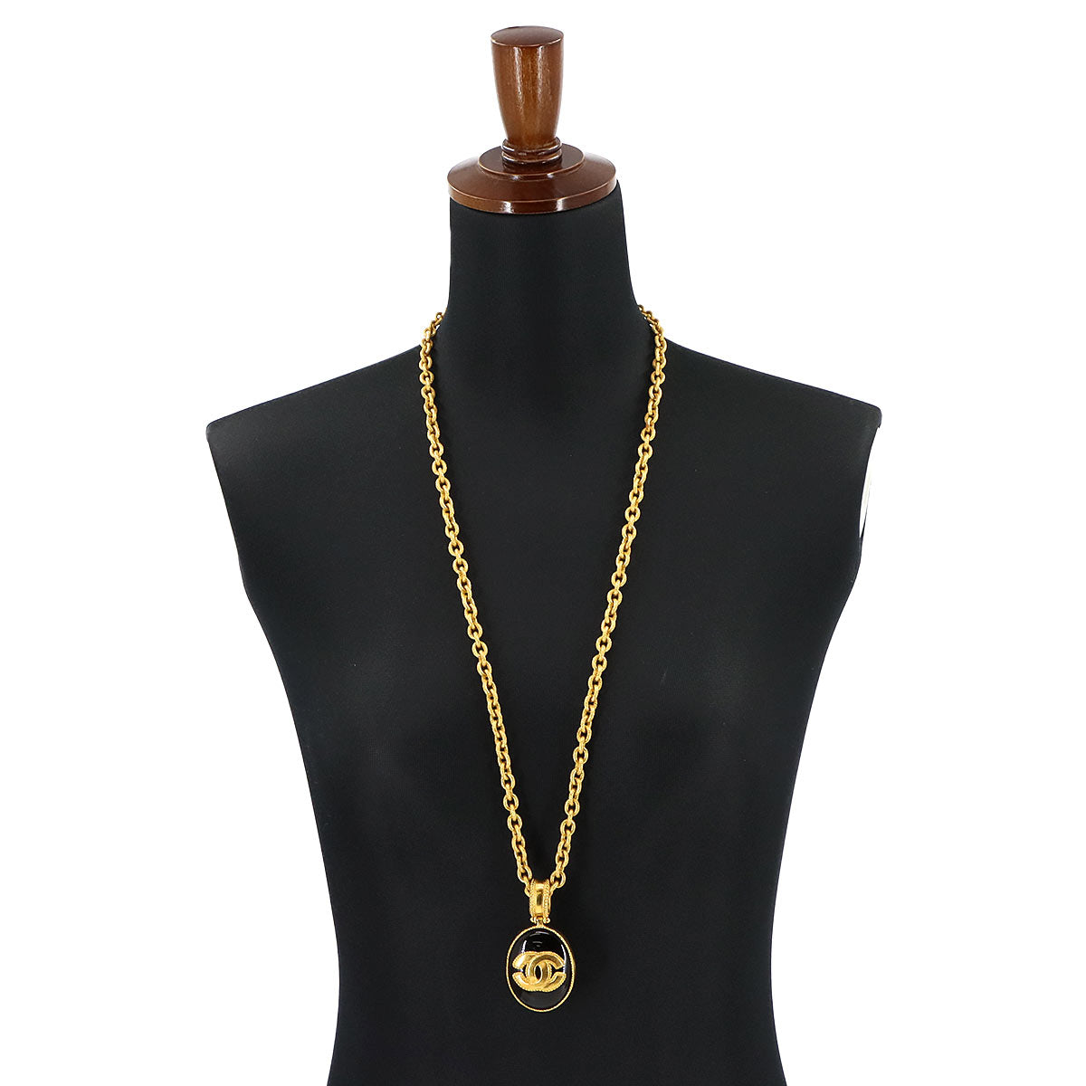 Round Type Coco Logos Necklace Gold Black 96A Accessory Vintage