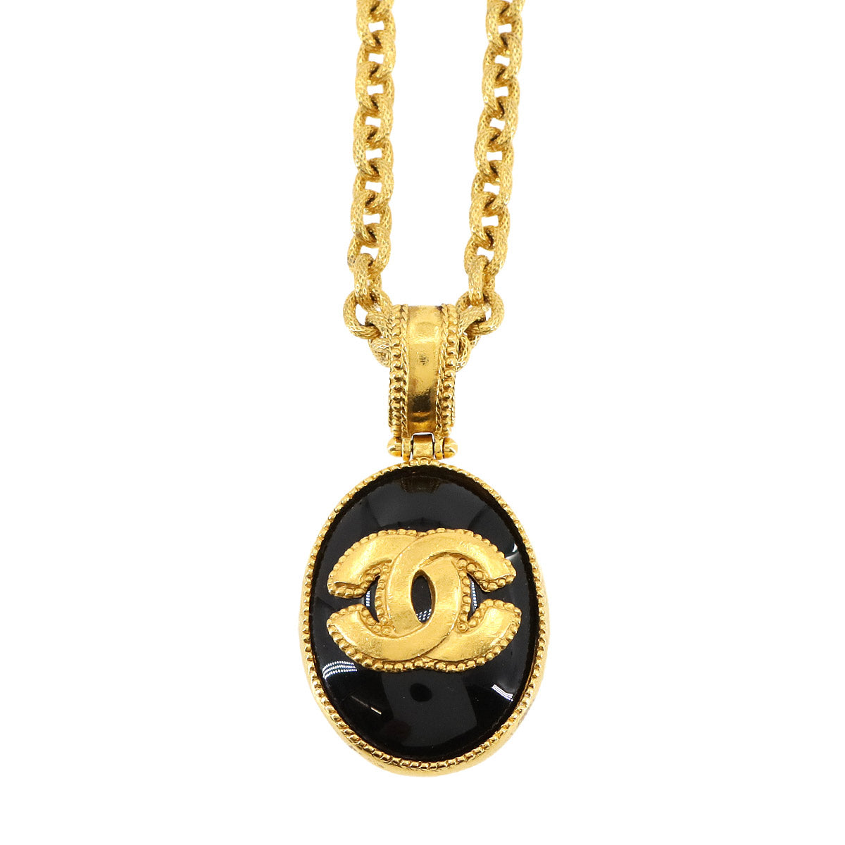 Round Type Coco Logos Necklace Gold Black 96A Accessory Vintage