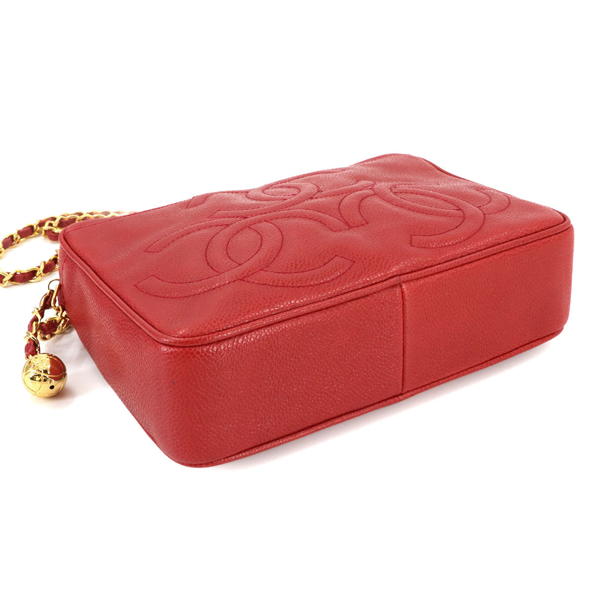 Triple Coco Chain Shoulder Bag Leather Red Vintage