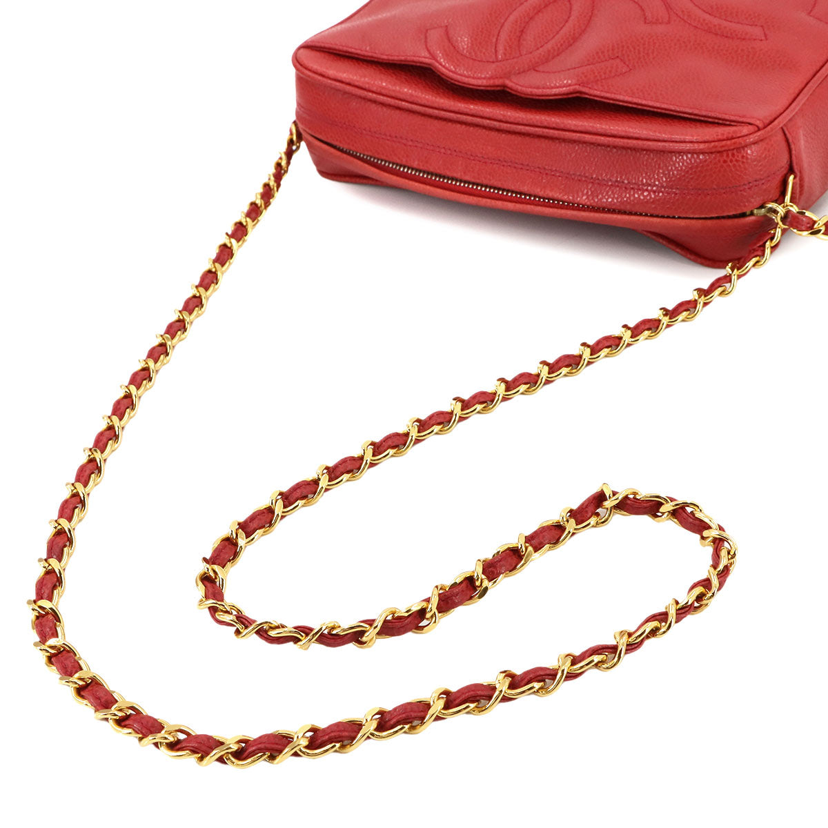 Triple Coco Chain Shoulder Bag Leather Red Vintage