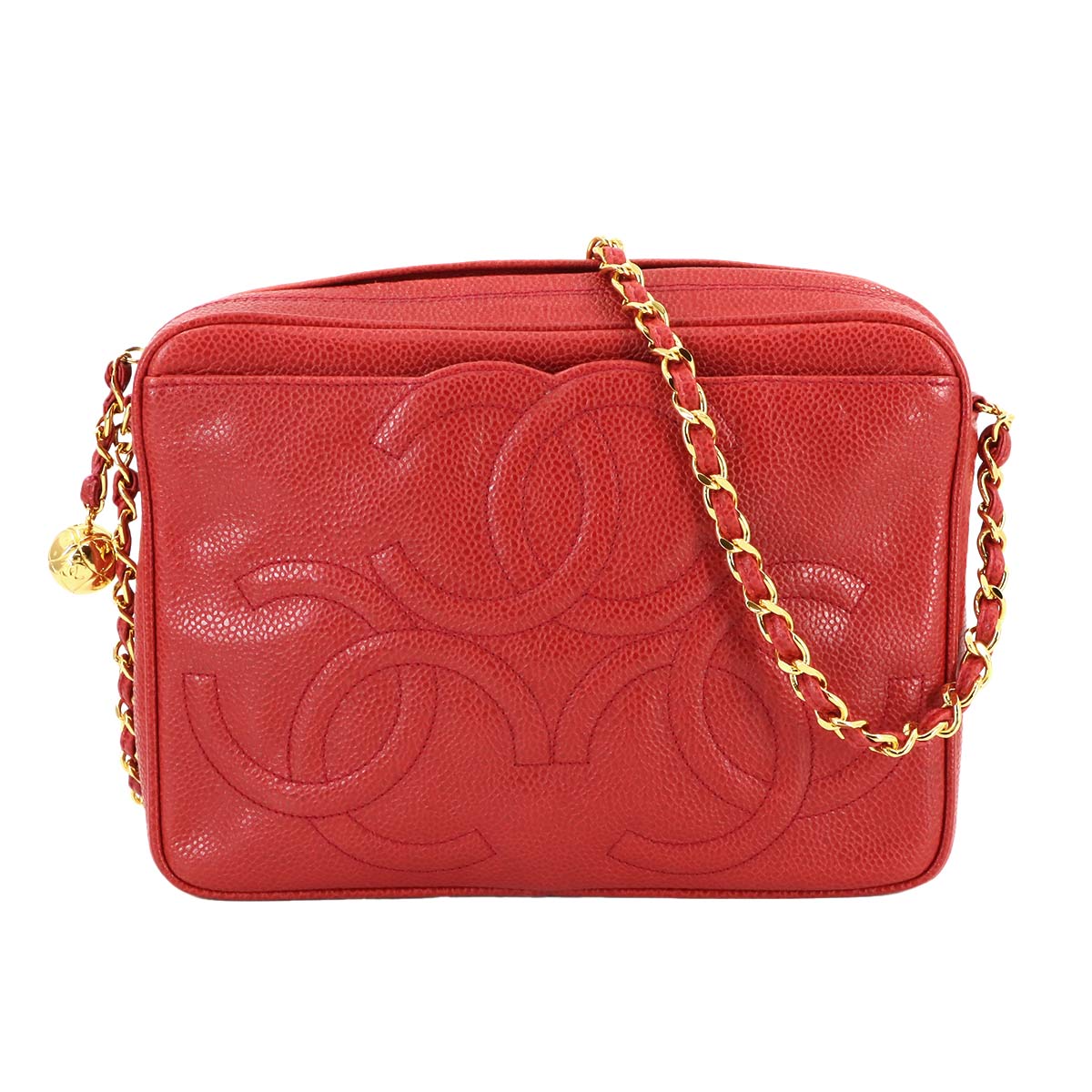 Triple Coco Chain Shoulder Bag Leather Red Vintage