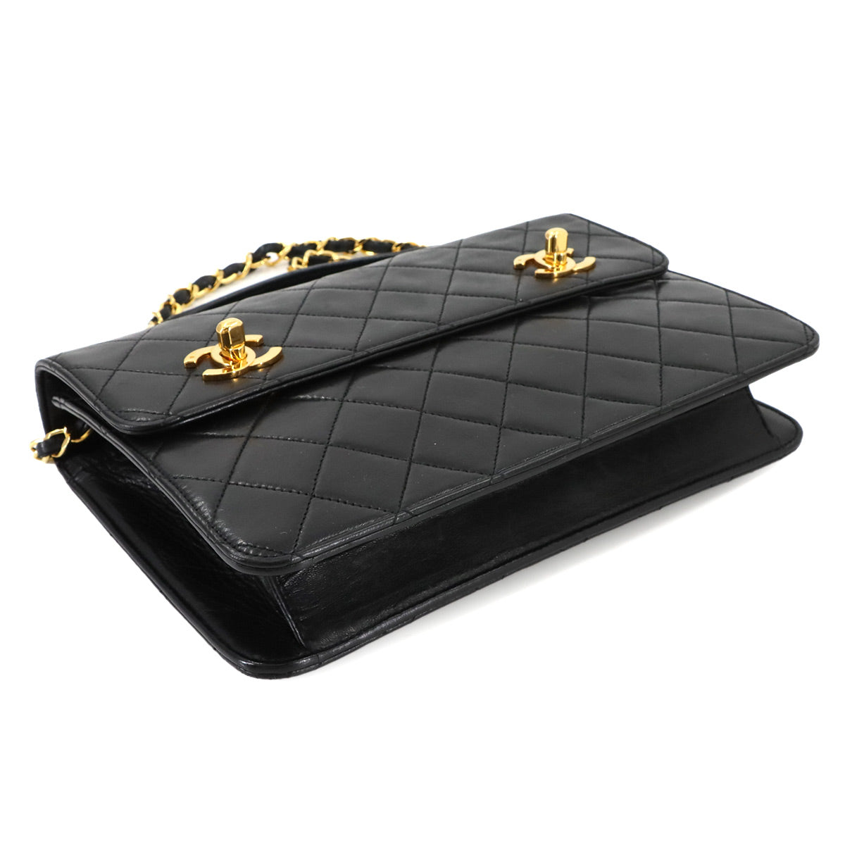 Double Lock Matelasse Hand Chain Shoulder Bag Leather Black