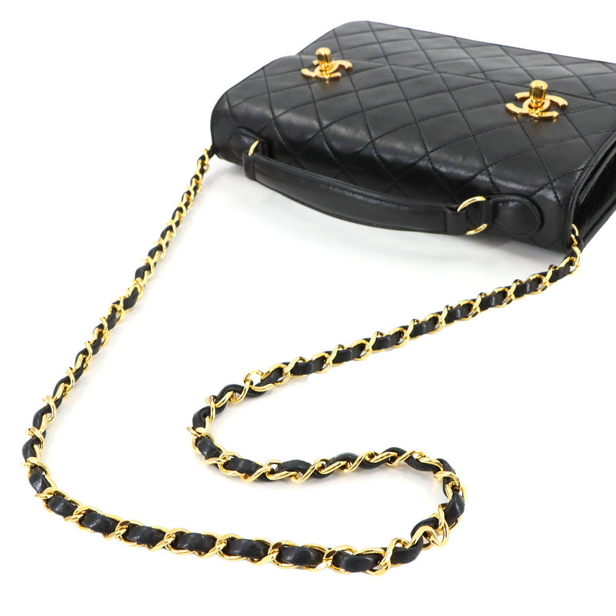 Double Lock Matelasse Hand Chain Shoulder Bag Leather Black